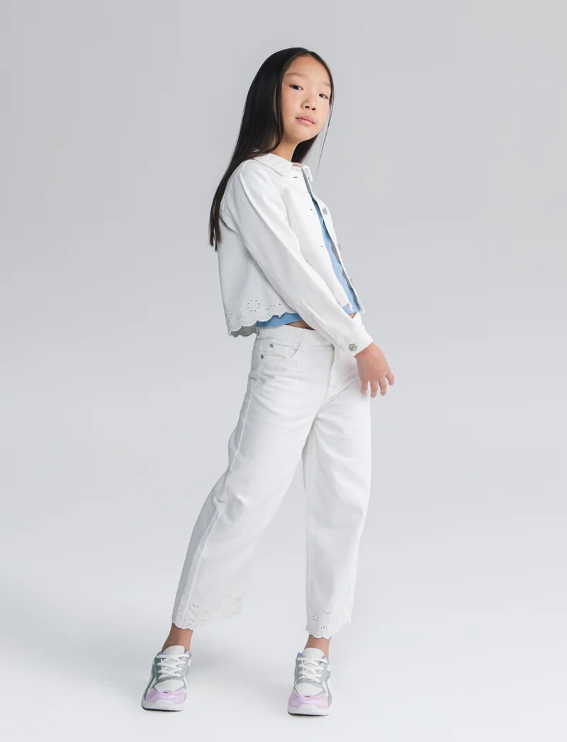 Pantaloni wide leg in twill con ricamo - Bianco latte