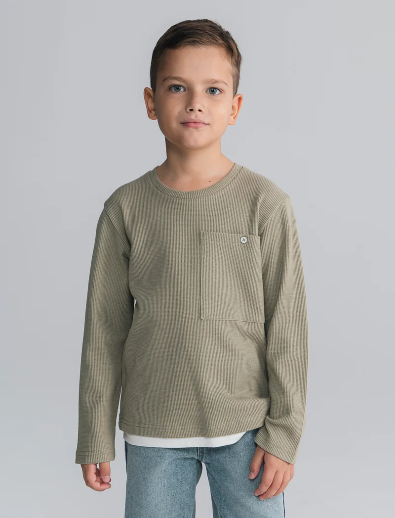 Maglia waffel tinta unita con tascone - Verde salvia