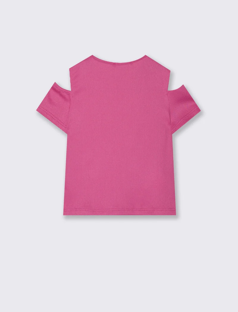 T-shirt mezza manica da bambina in costina elastica. - Fuxia