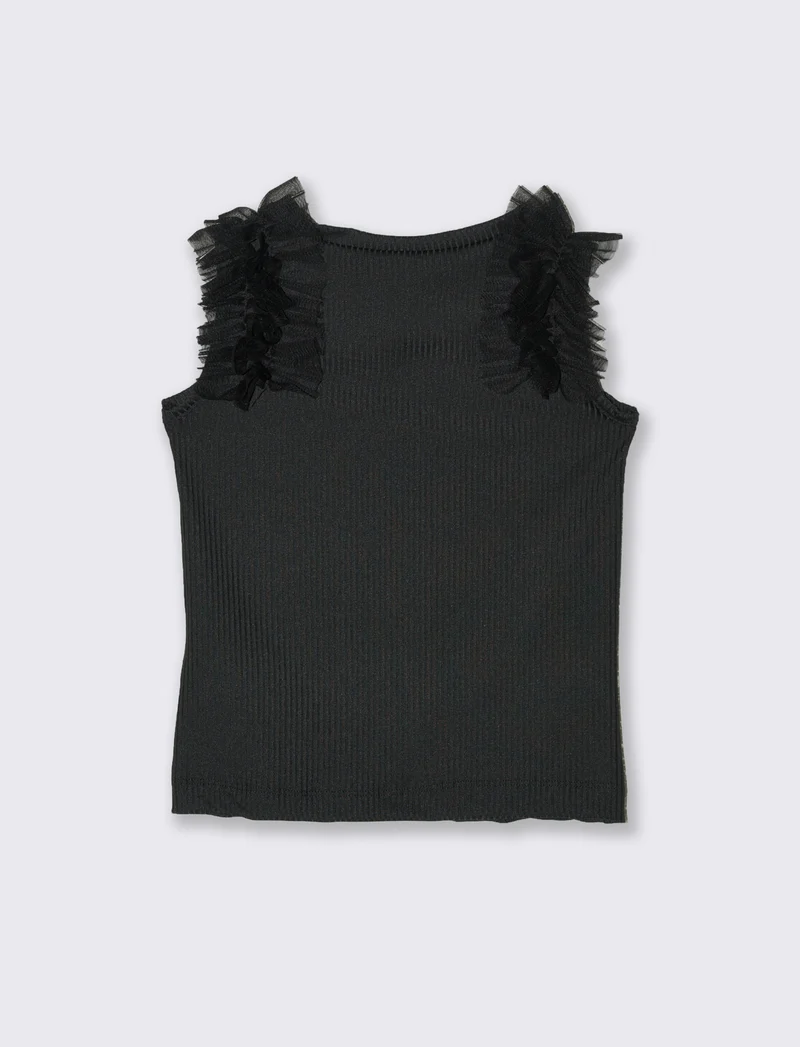 Canotta in costina elastica con rouches in tulle sulle spalle. - Nero