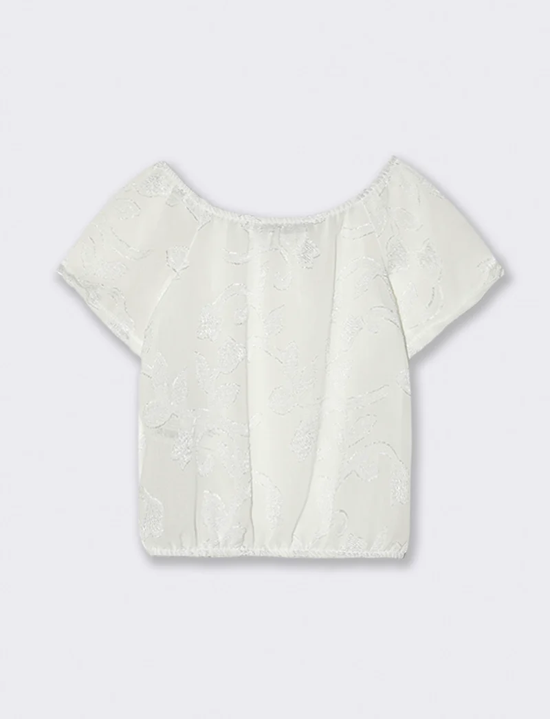 T-shirt manica corta in tessuto leggero ricamato. - Bianco