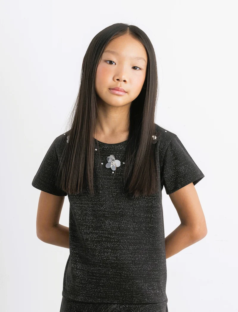 Vestito elegante da bambina in punto milano elastico con dettagli in fibra metallica. - Nero