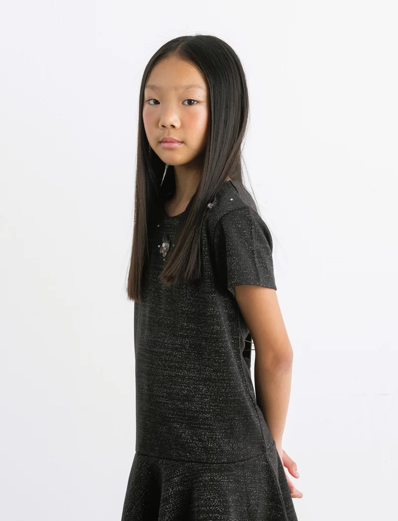 Vestito elegante da bambina in punto milano elastico con dettagli in fibra metallica. - Nero