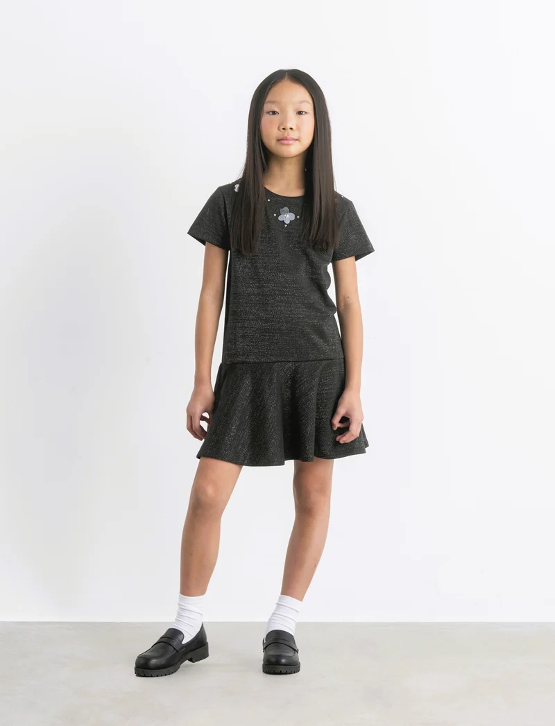 Vestito elegante da bambina in punto milano elastico con dettagli in fibra metallica. - Nero