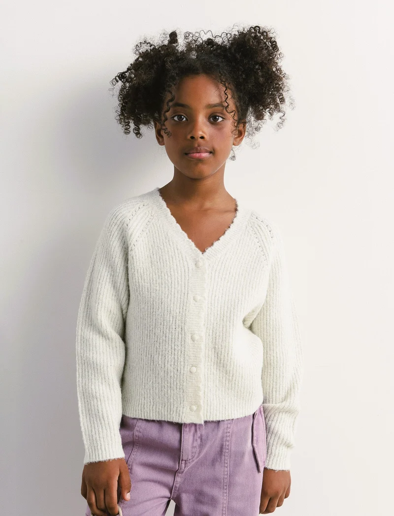 Cardigan manica raglan in morbida maglieria con filato metallizzato. - Bianco sporco