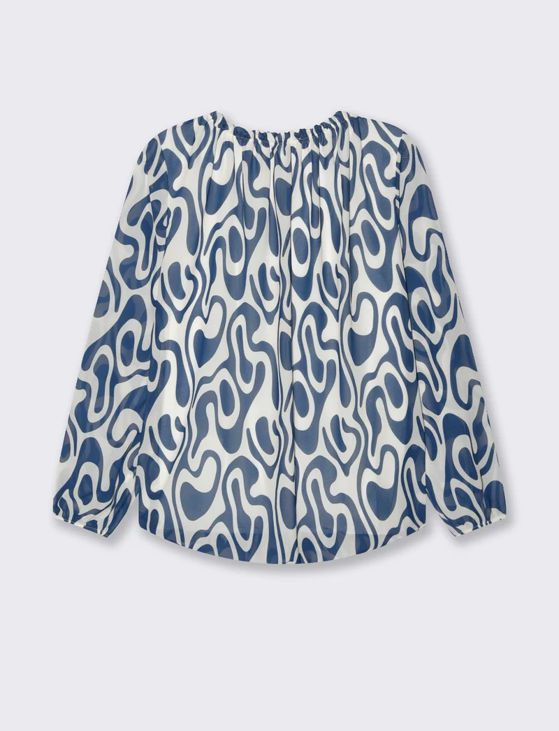Blusa ampia in tessuto leggero con stampa e fiocco su una spalla. - Blu
