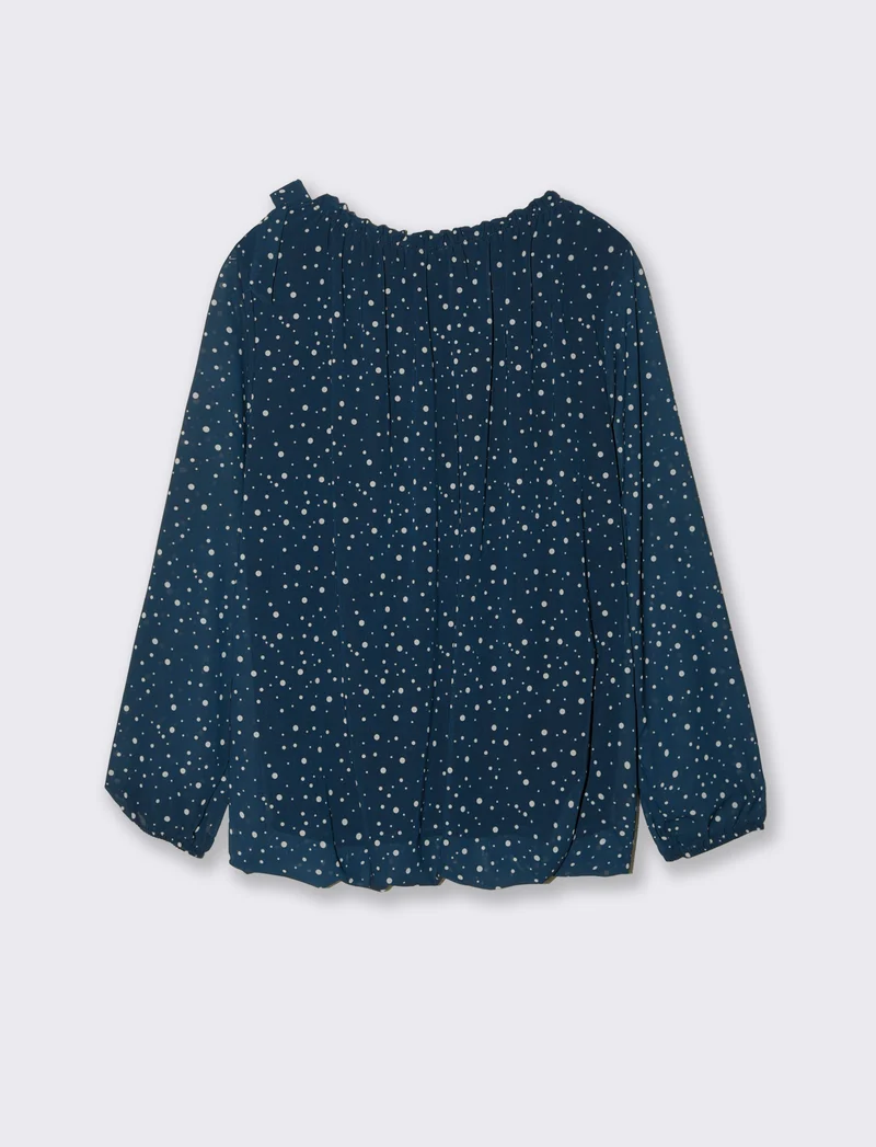 Blusa ampia in tessuto leggero con stampa e fiocco su una spalla. - Blu