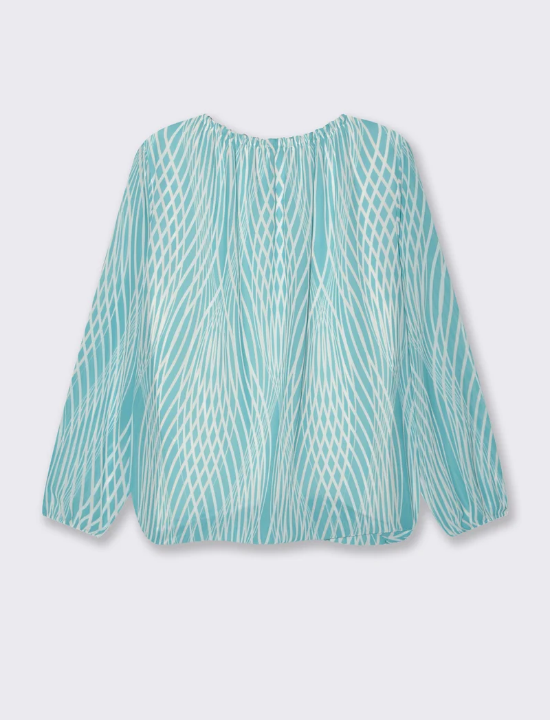 Blusa ampia in tessuto leggero con stampa e fiocco su una spalla. - Verde