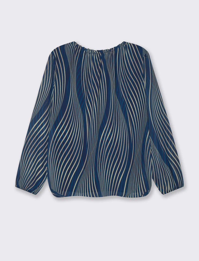 Blusa ampia in tessuto leggero con stampa e fiocco su una spalla. - Blu