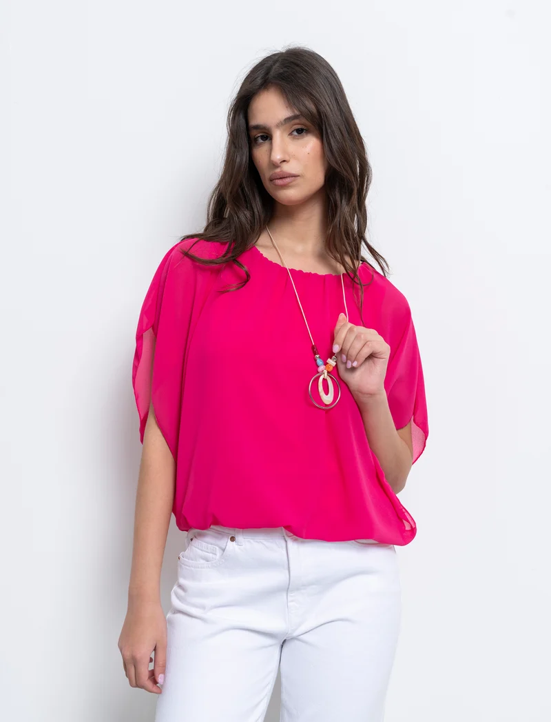 Casacca smanicata in tessuto leggero con collana - Fuxia