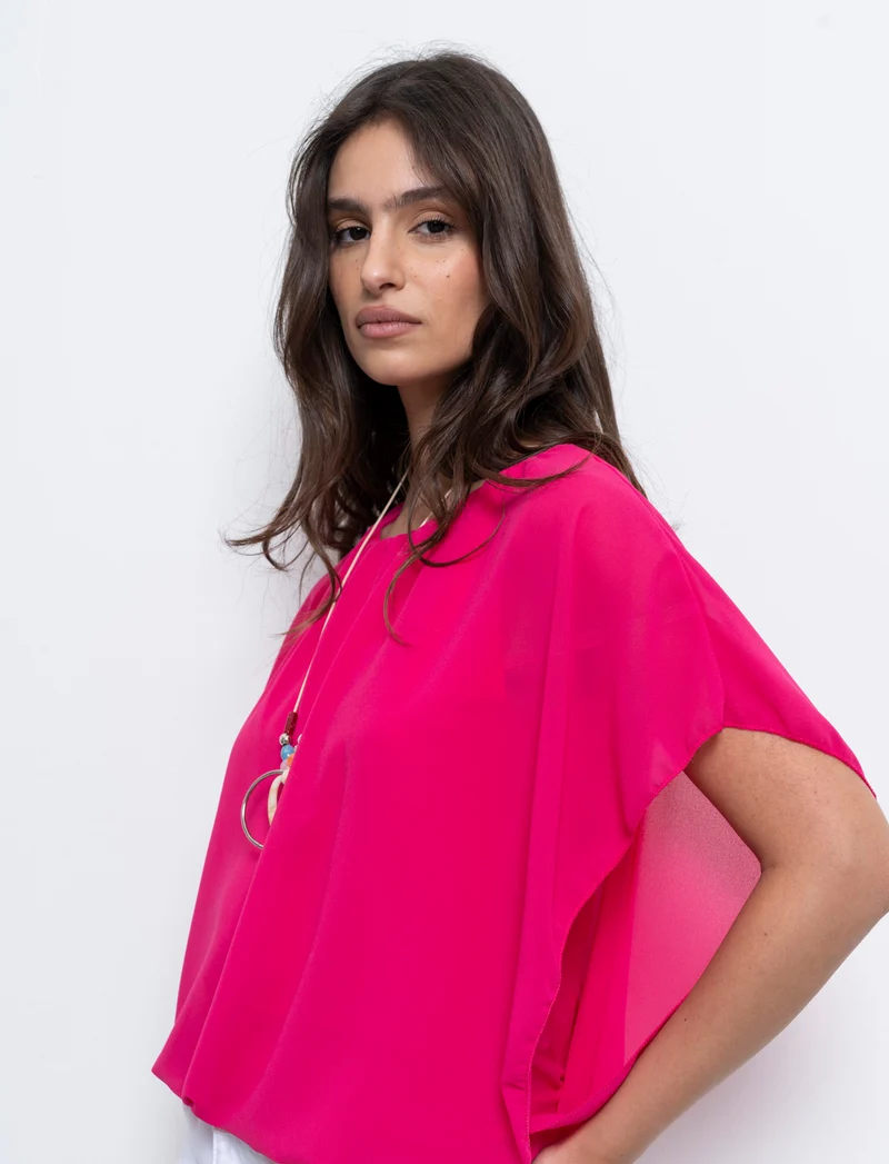 Casacca smanicata in tessuto leggero con collana - Fuxia