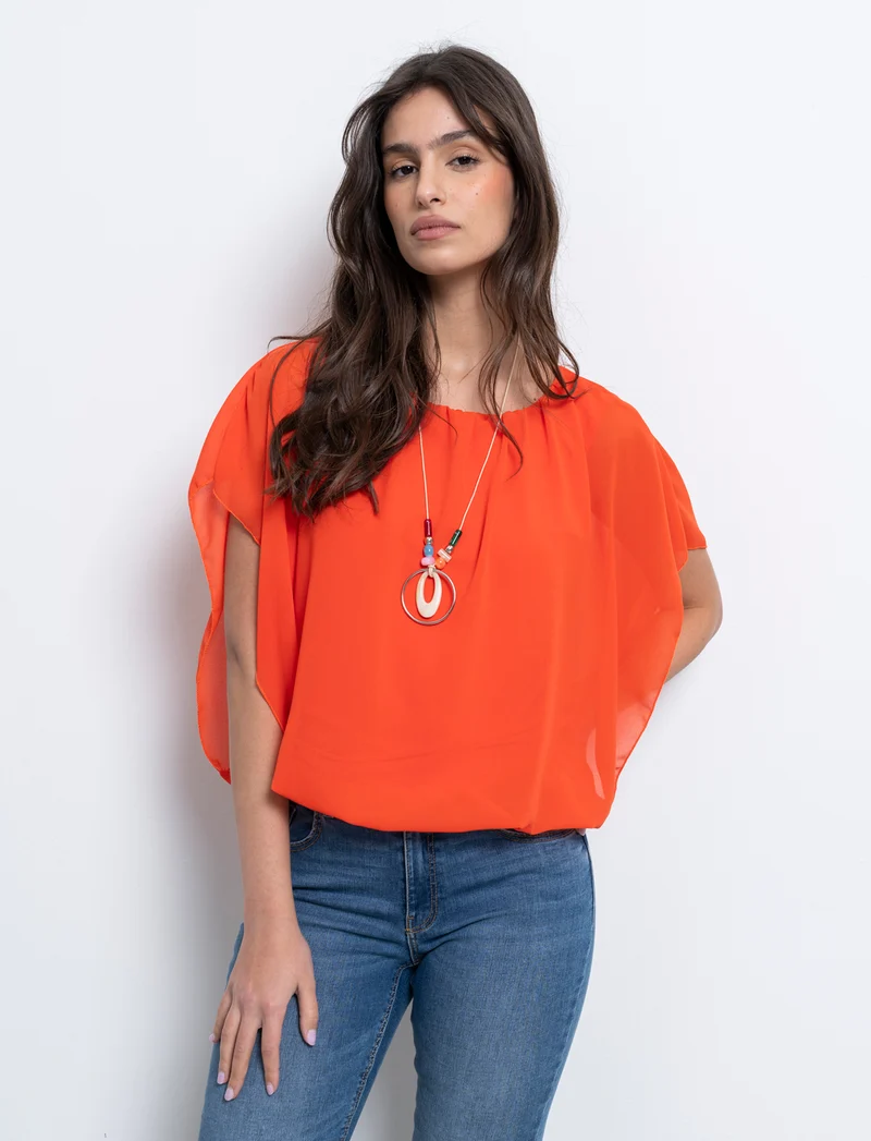 Casacca smanicata in tessuto leggero con collana - Arancio