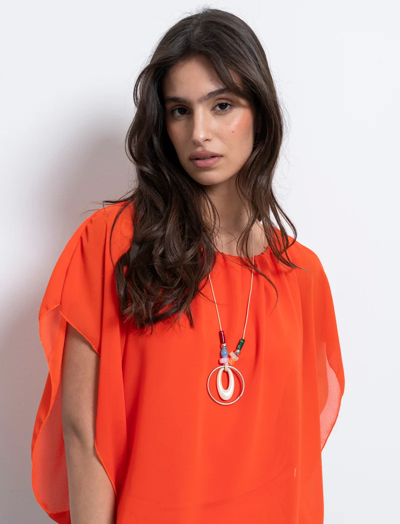 Casacca smanicata in tessuto leggero con collana - Arancio