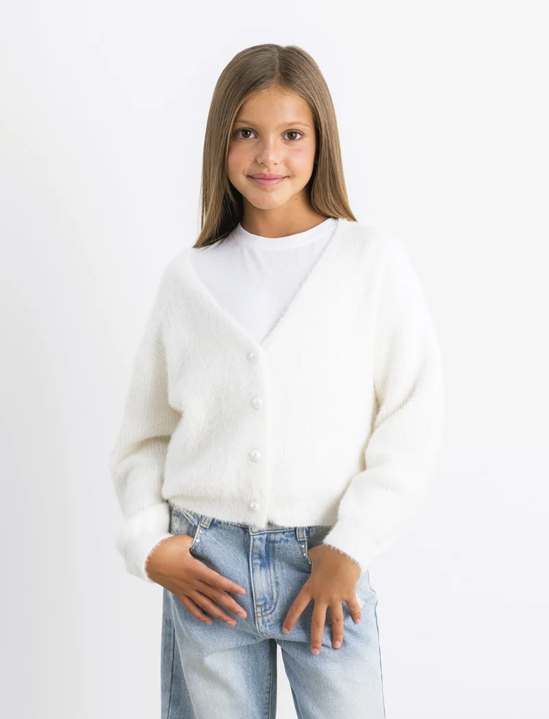 Cardigan in filato morbido con bottoni perlati. - Bianco latte