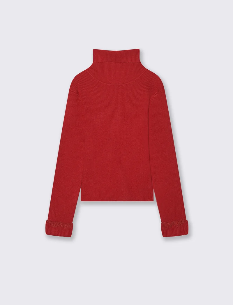 Maglia collo alto con dettaglio in fibra metallizzata al polsino. - Rosso
