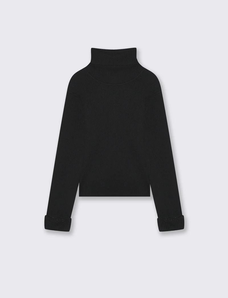 Maglia collo alto con dettaglio in fibra metallizzata al polsino. - Nero
