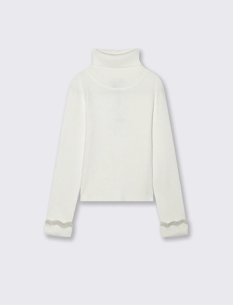Maglia collo alto con dettaglio in fibra metallizzata al polsino. - Bianco latte