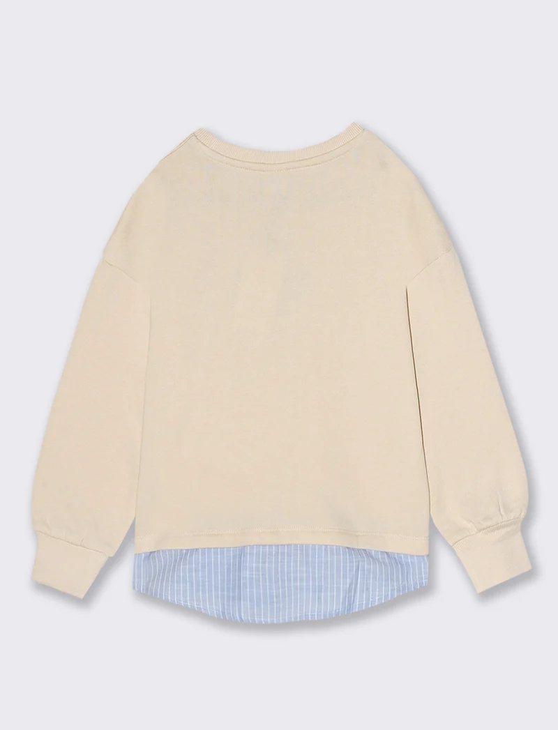 Felpa girocollo con finta camicia al fondo arricchita da stampa e ricamo sul davanti - Beige