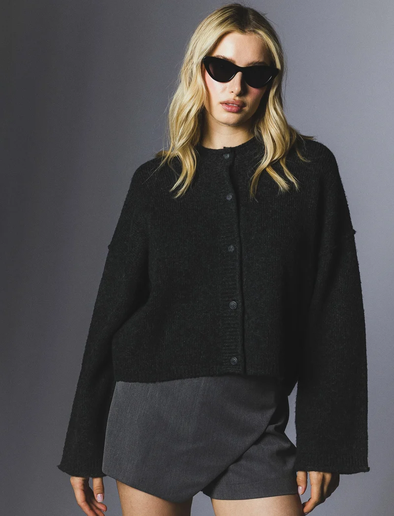 CARDIGAN CON BOTTONI EFFETTO TARTARUGATO - Antracite melange