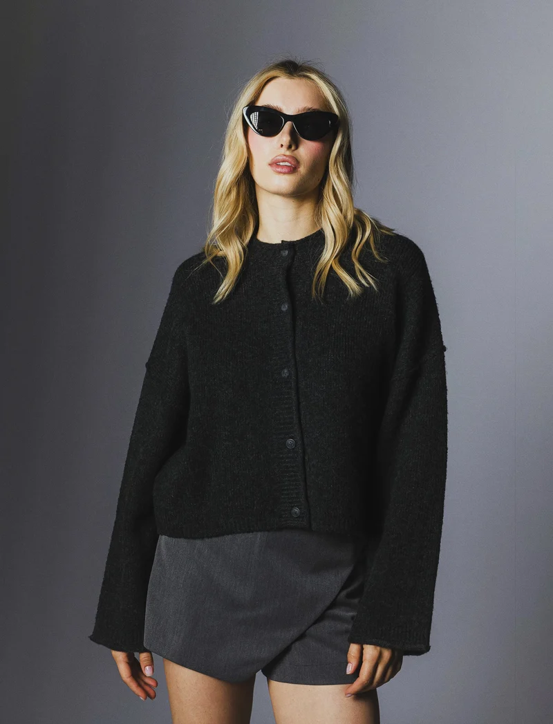 CARDIGAN CON BOTTONI EFFETTO TARTARUGATO - Antracite melange