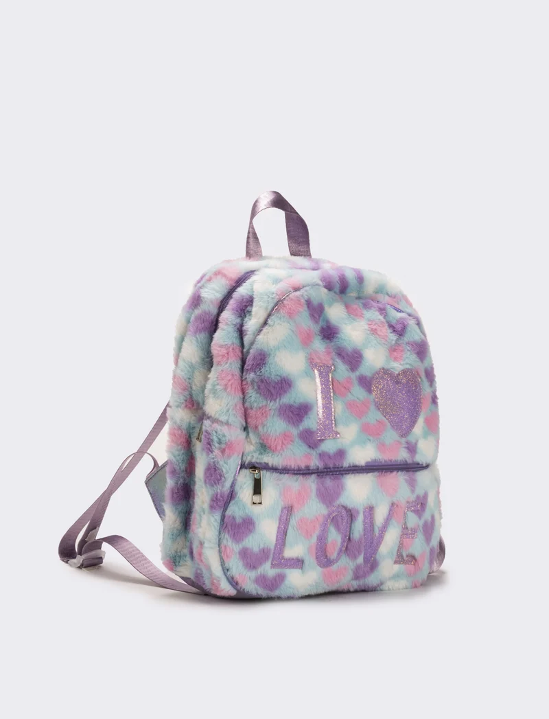 Zaino bambina pelliccia cuori e scritta i love you - Multicolore