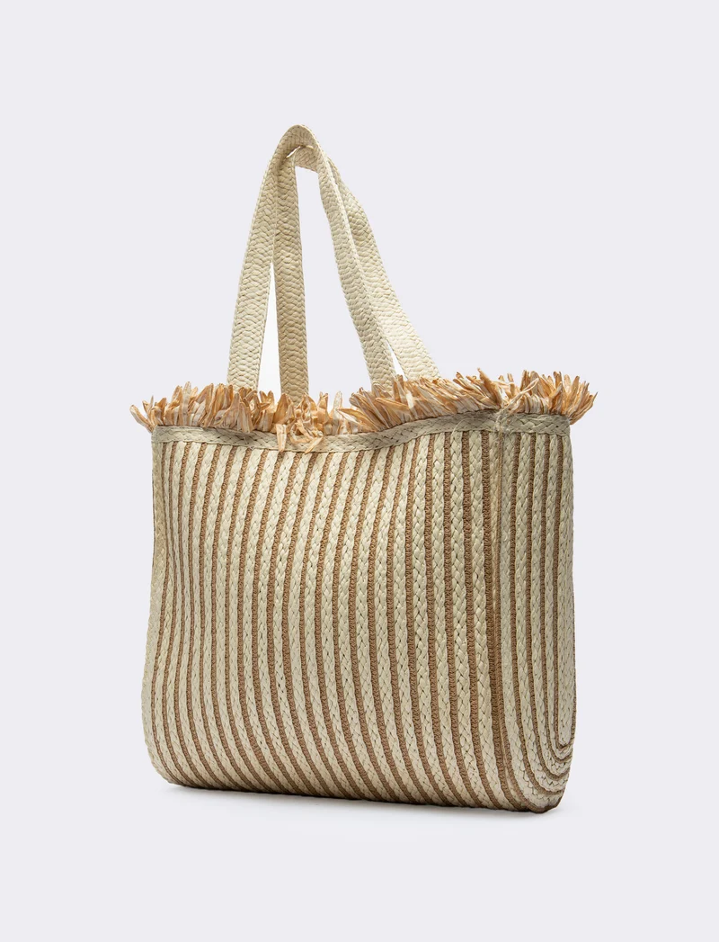 Shopping grande in carta con frange - Bianco natural