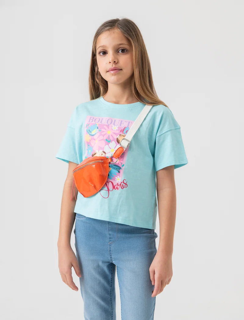 T-shirt mezza manica paillettes. da bambina - Verde acqua