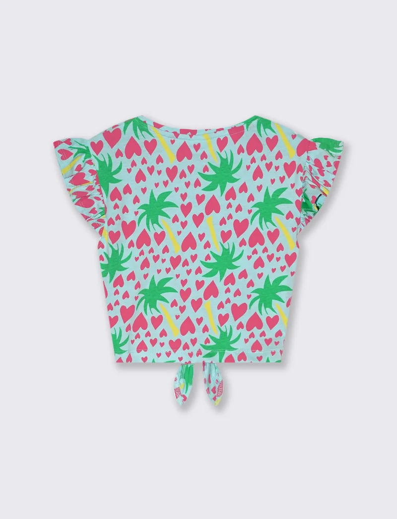 T-shirt stampata con nodo al fondo da bambina - Verde acqua