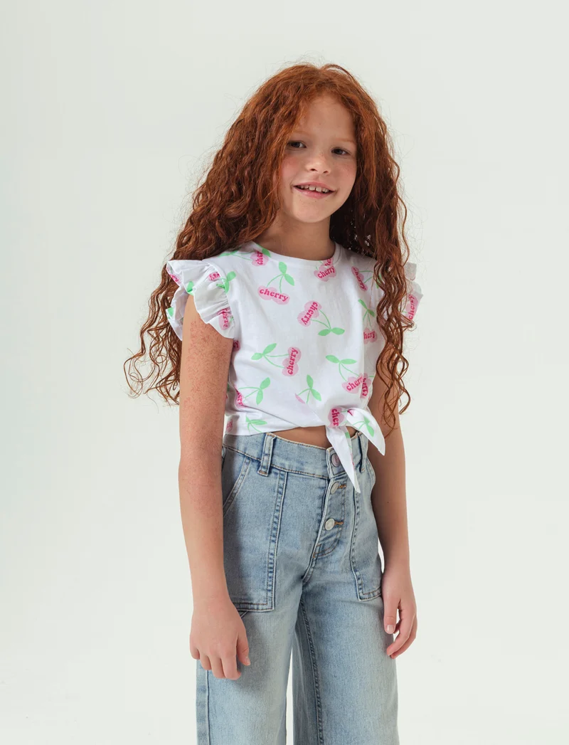 T-shirt stampata con nodo al fondo da bambina - Bianco