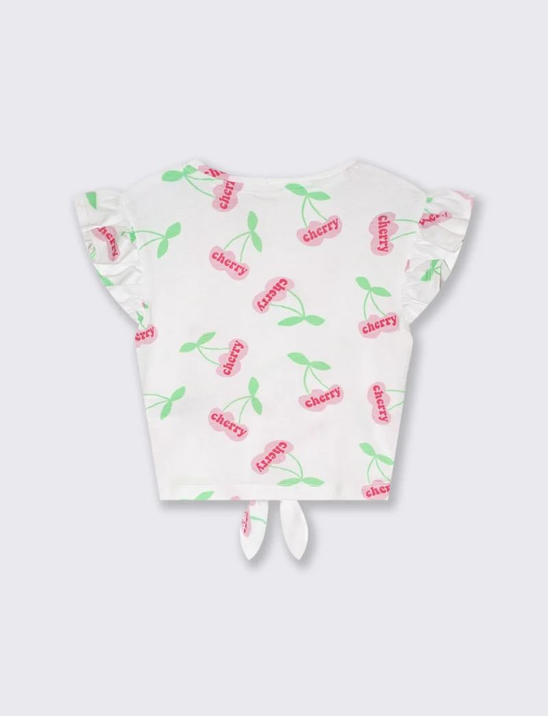 T-shirt stampata con nodo al fondo da bambina - Bianco