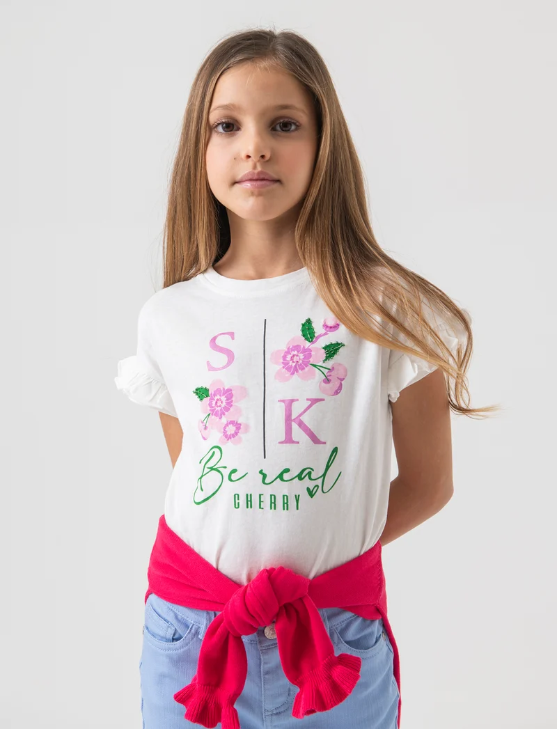 T-shirt estiva da bambina con stampa e applicazioni - Bianco latte