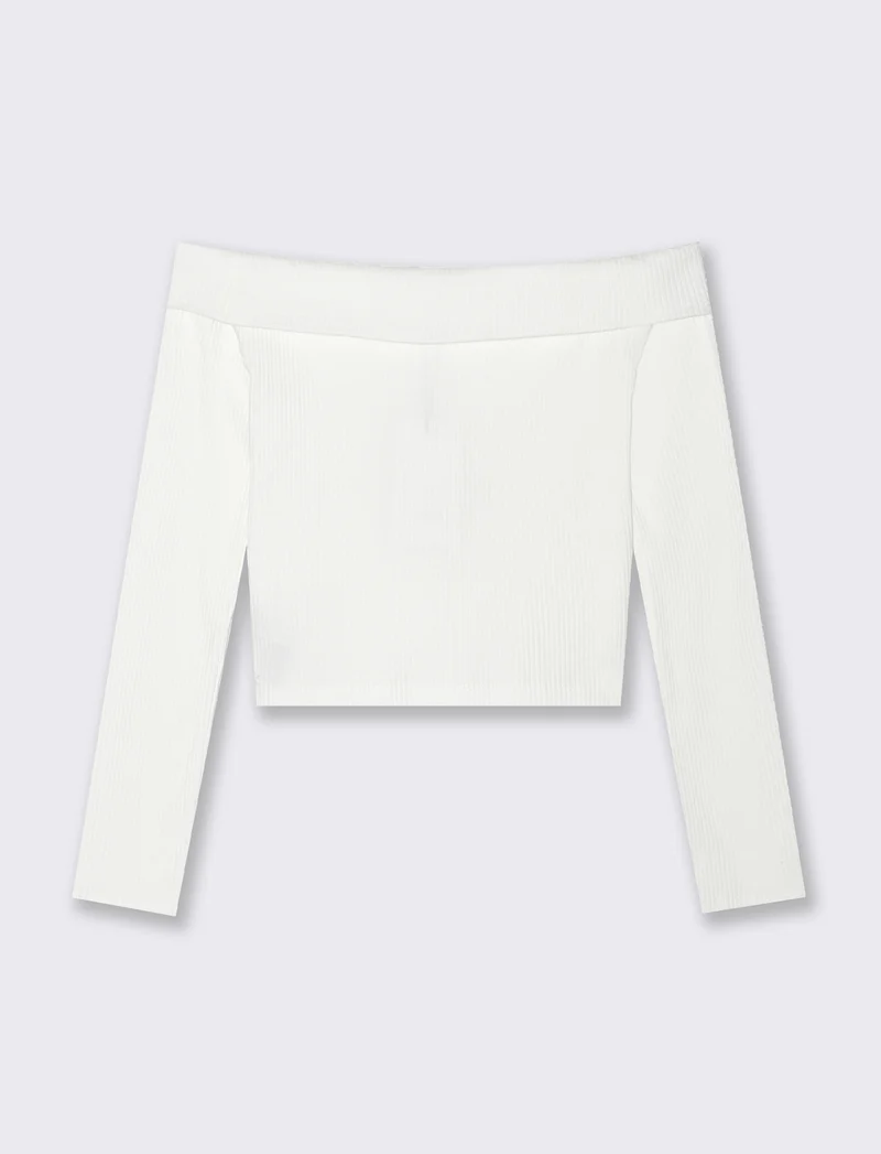 T-shirt in costina con scollo a barca da bambina - Bianco latte
