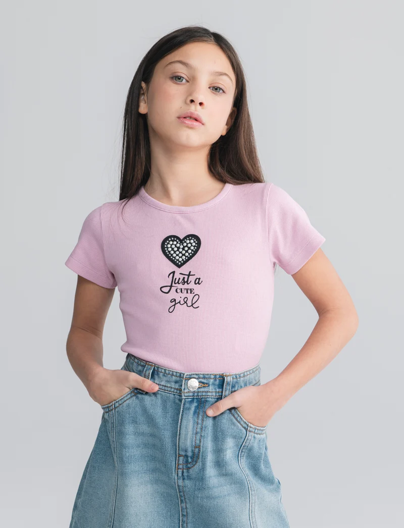 T-shirt mezza manica in costina bambina - Rosa