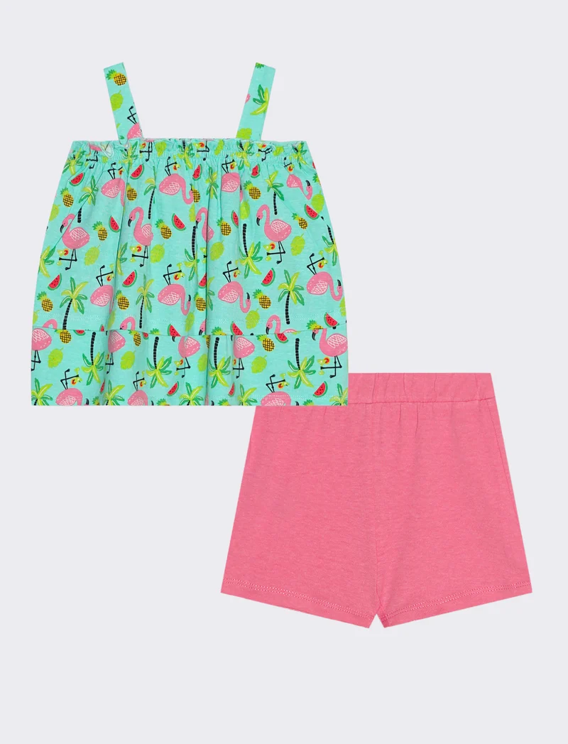 Completo top e shorts in fantasia e tinta unita - Verde