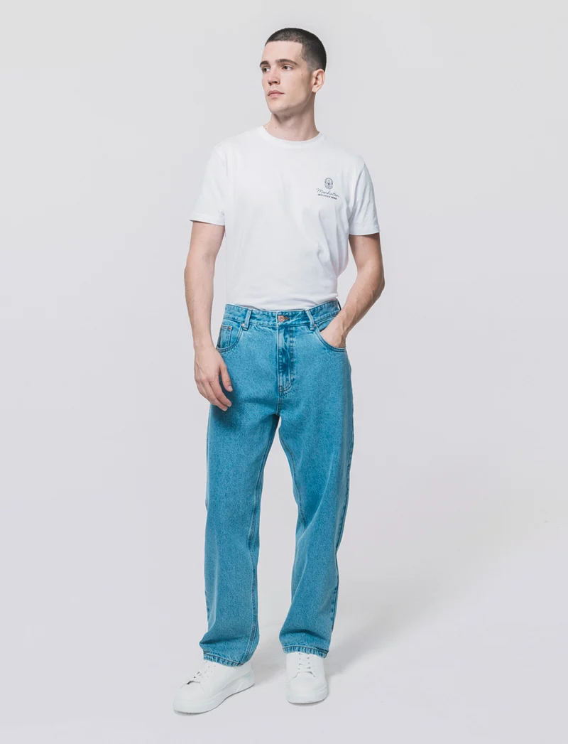Jeans Baggy Fit Blu Medio Effetto Slavato - Denim