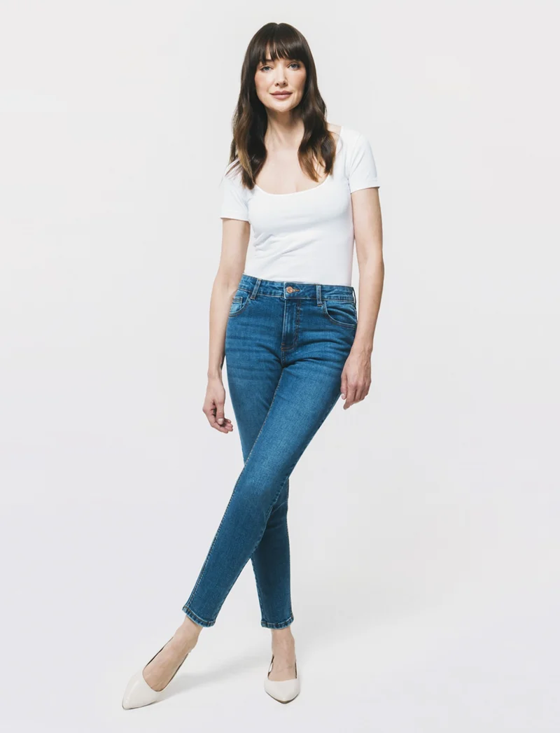 Jeans Skinny Vita Bassa con Tasche Retro - DENIM SCURO