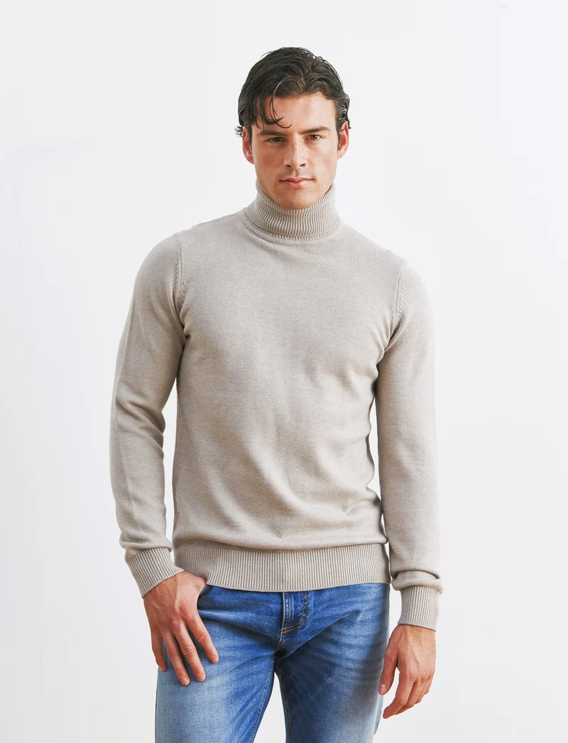 MAGLIA COLLO ALTO FILATO PREMIUM - Tortora melange