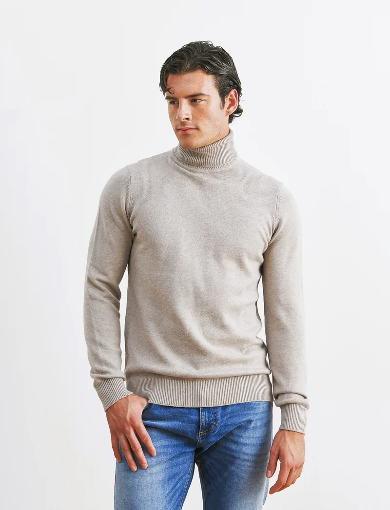 MAGLIA COLLO ALTO FILATO PREMIUM - Tortora melange
