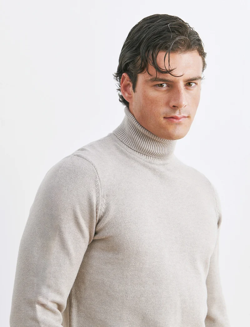 MAGLIA COLLO ALTO FILATO PREMIUM - Tortora melange