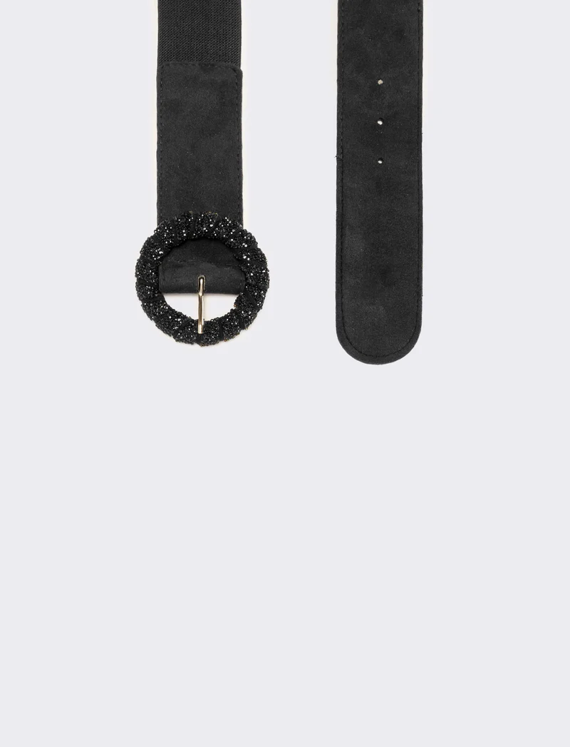 Cintura donna elastica fibbia rotonda con pietre - Nero