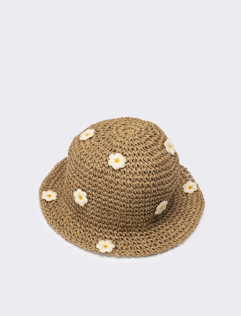 Cappello bambina pescatore con applicazioni fiori e frutta - Bianco