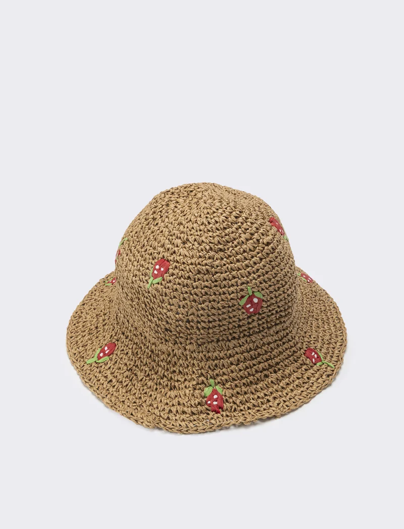 Cappello bambina pescatore con applicazioni fiori e frutta - Rosso