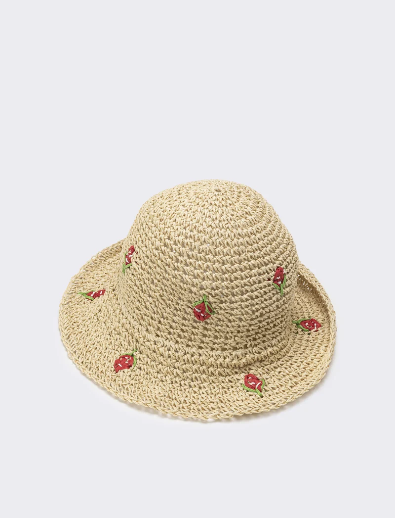 Cappello bambina pescatore con applicazioni fiori e frutta - Beige