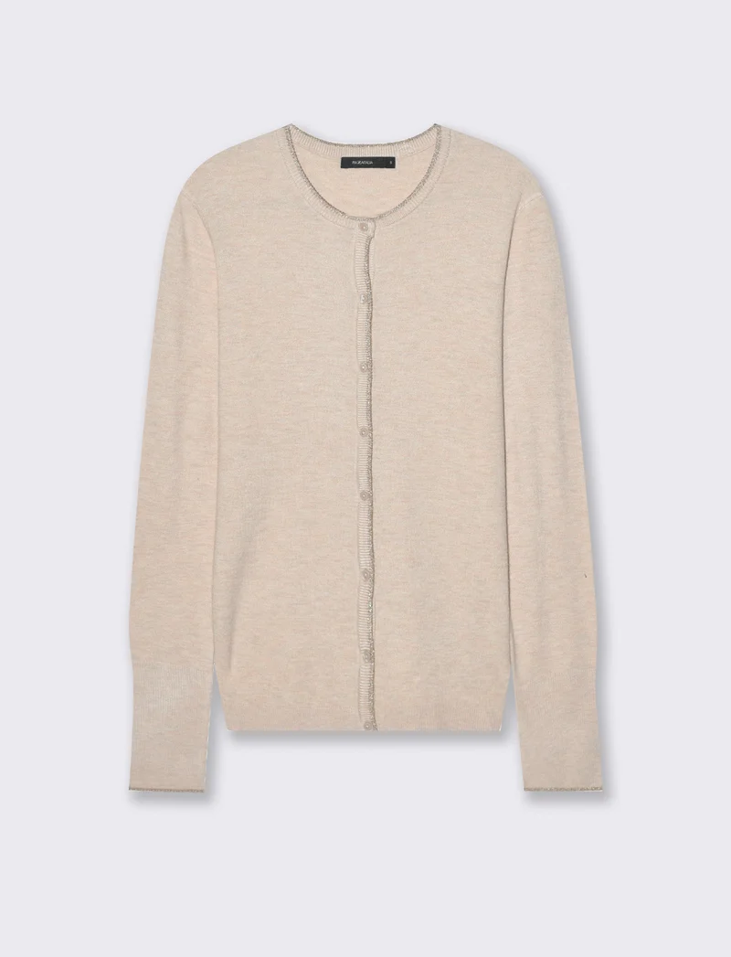 CARDIGAN CON BORDINO IN TESSUTO CON FIBRA EFFETTO METALLO - Beige grano