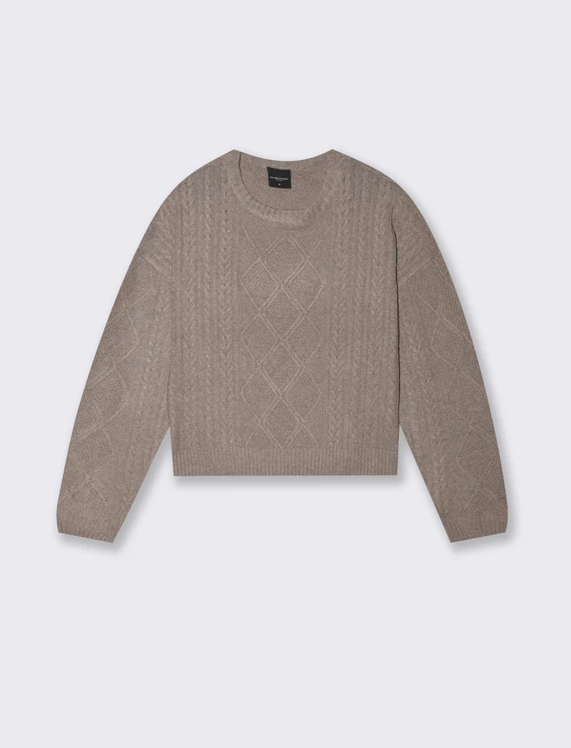 Maglia manica lunga girocollo crop con lavorazione a trecce - Tortora melange