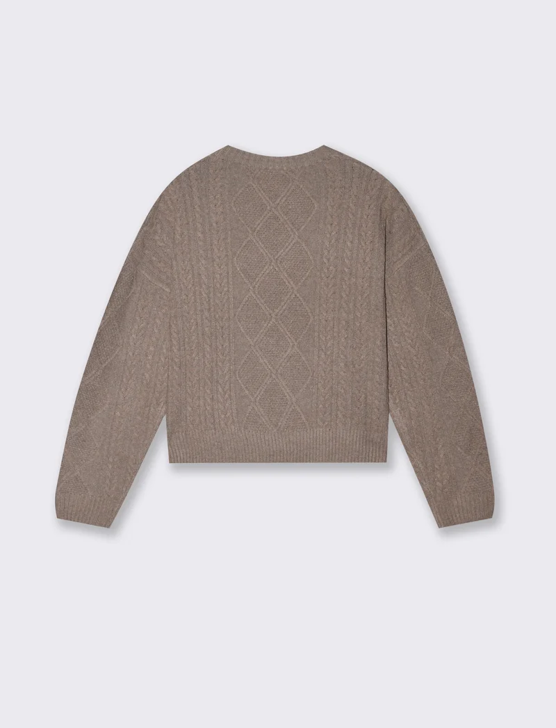 Maglia manica lunga girocollo crop con lavorazione a trecce - Tortora melange