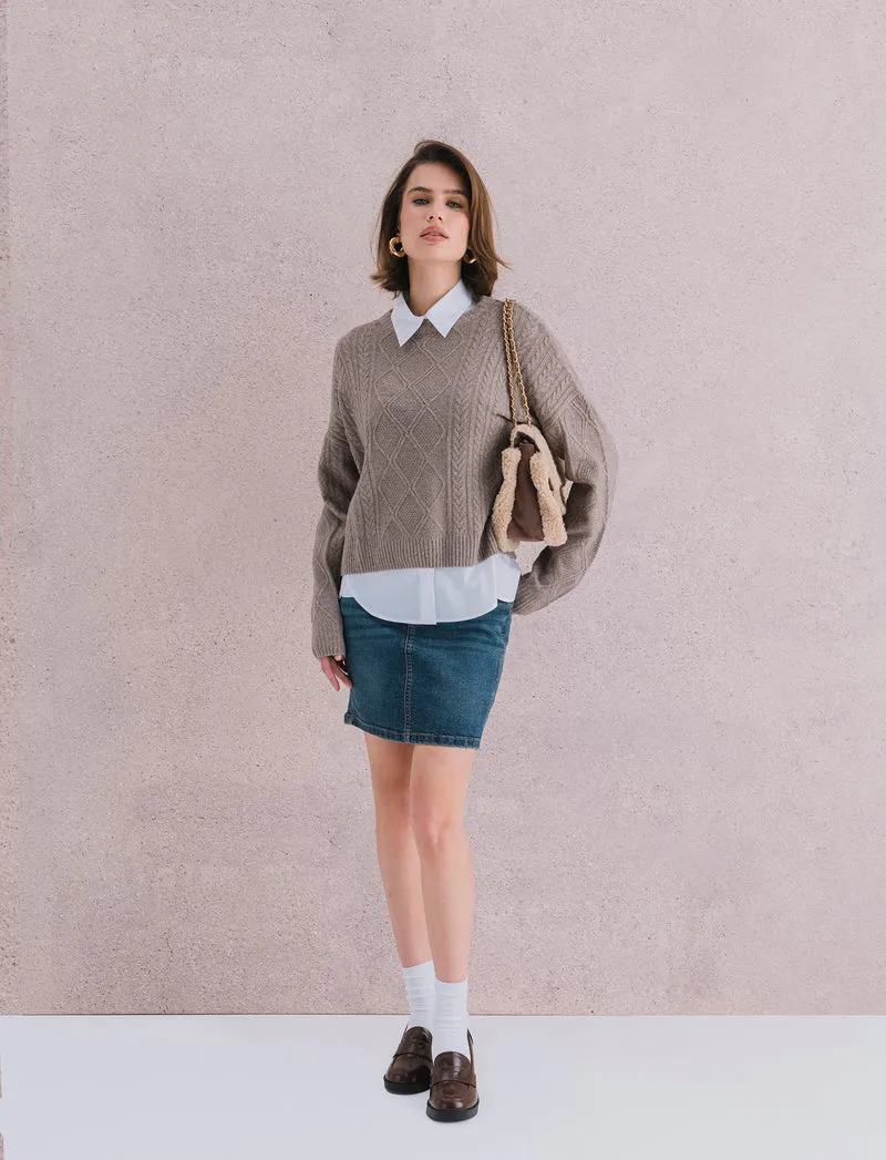Maglia manica lunga girocollo crop con lavorazione a trecce - Tortora melange