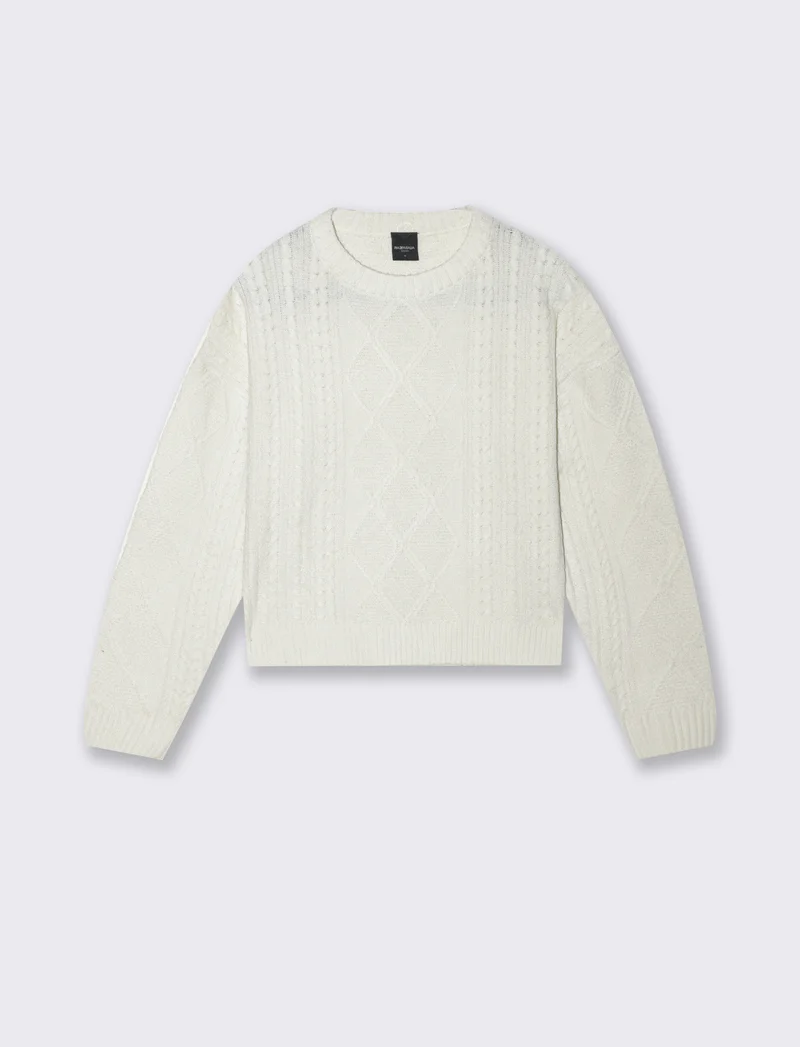 Maglia manica lunga girocollo crop con lavorazione a trecce - Avorio