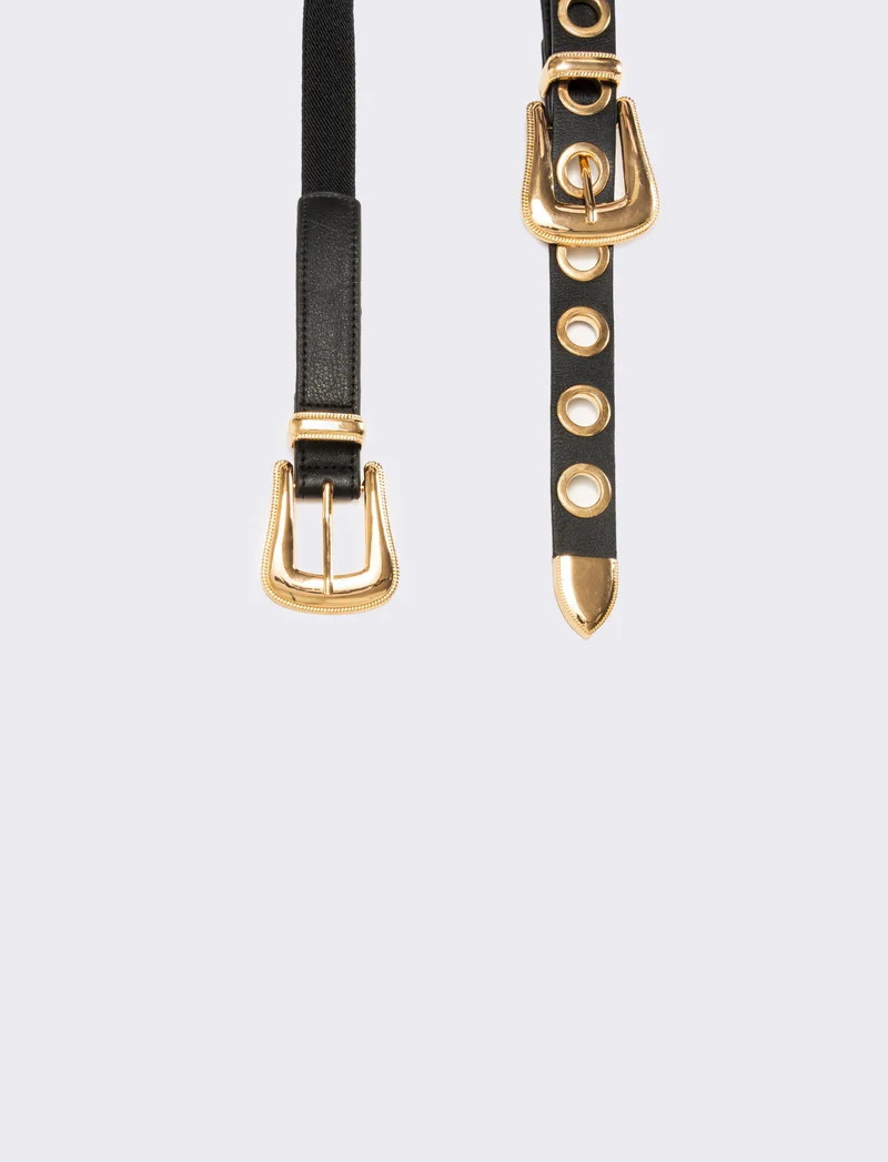 Cintura donna elastica doppia fibbia e occhielli metallo - Nero-oro