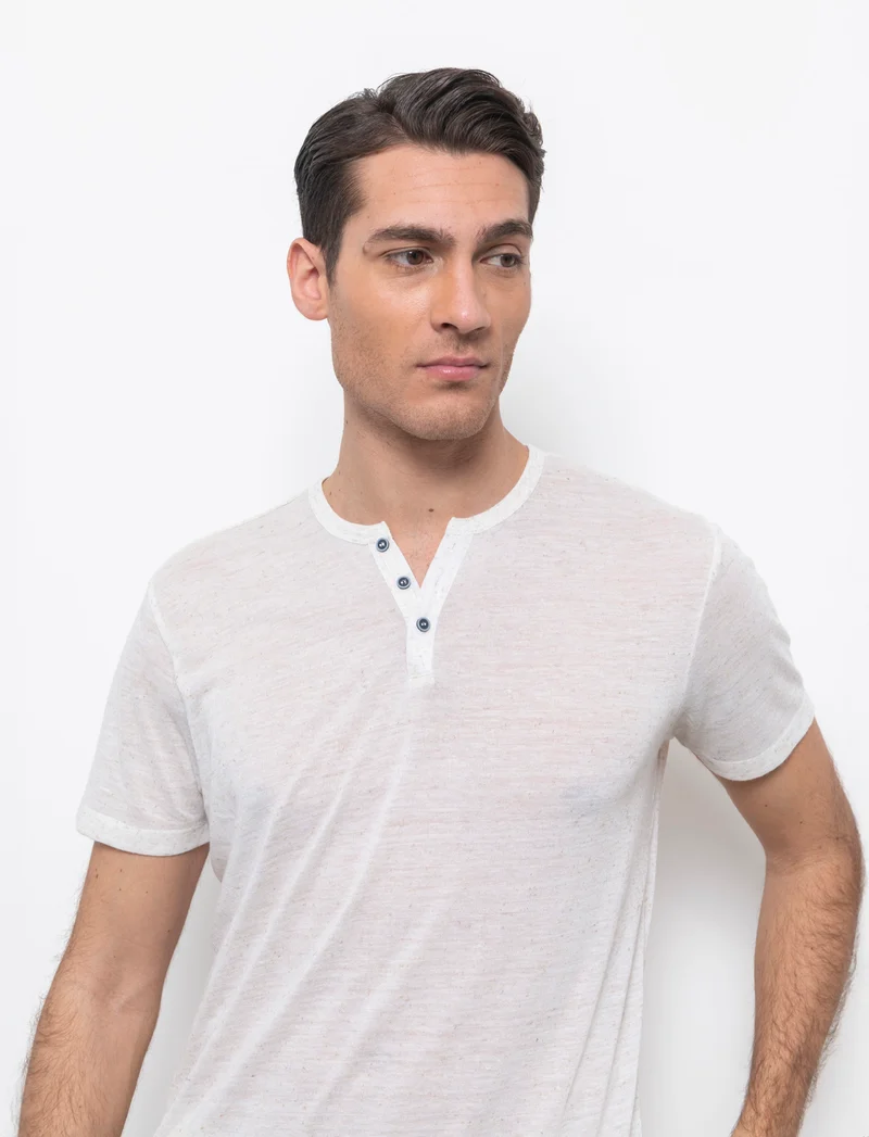 T-shirt serafino struttura misto lino da uomo - Beige ecru
